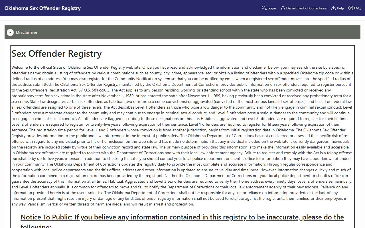 McClain County arrest and charge records linked to the Oklahoma Sex Offender Registry