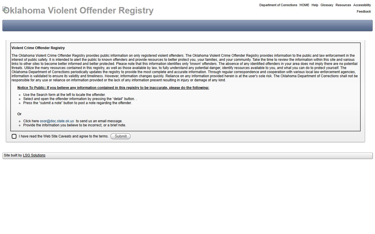 McClain County violent offense charge records on the Oklahoma Violent Offender Registry