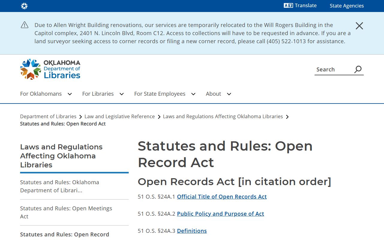 Oklahoma Open Records Act page governing McClain County court records access
