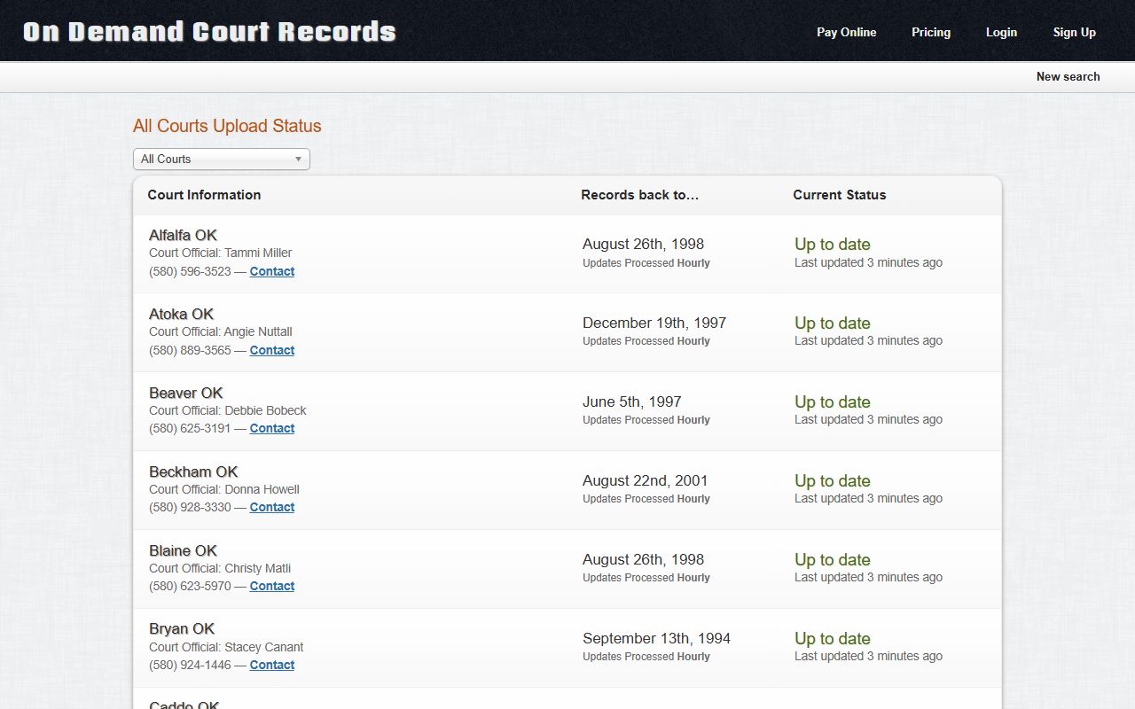 ODCR status page for McClain County court records