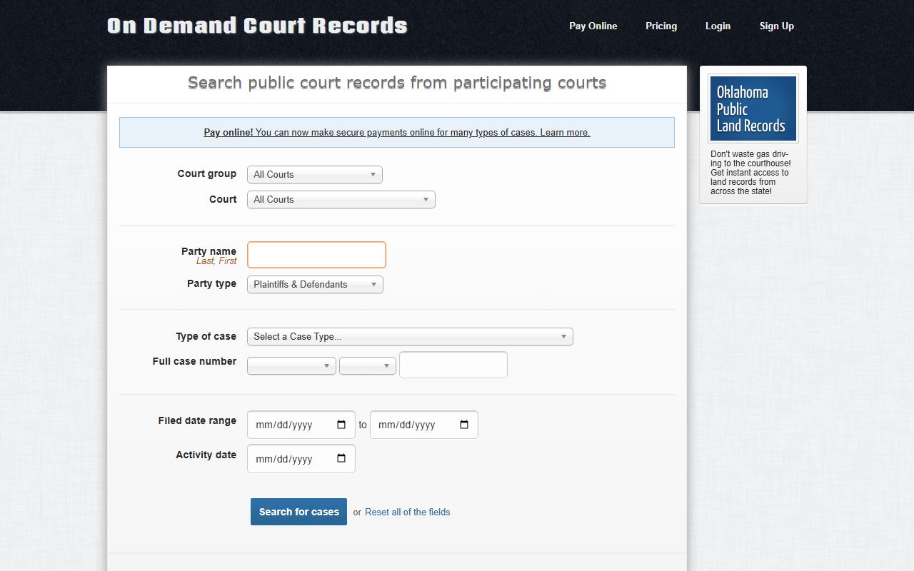 McClain County court records search on the ODCR portal