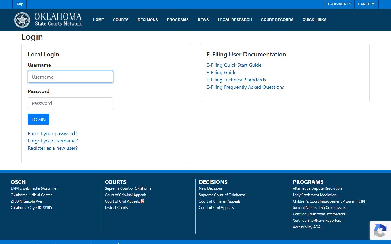 Oklahoma e-filing portal for McClain County court records