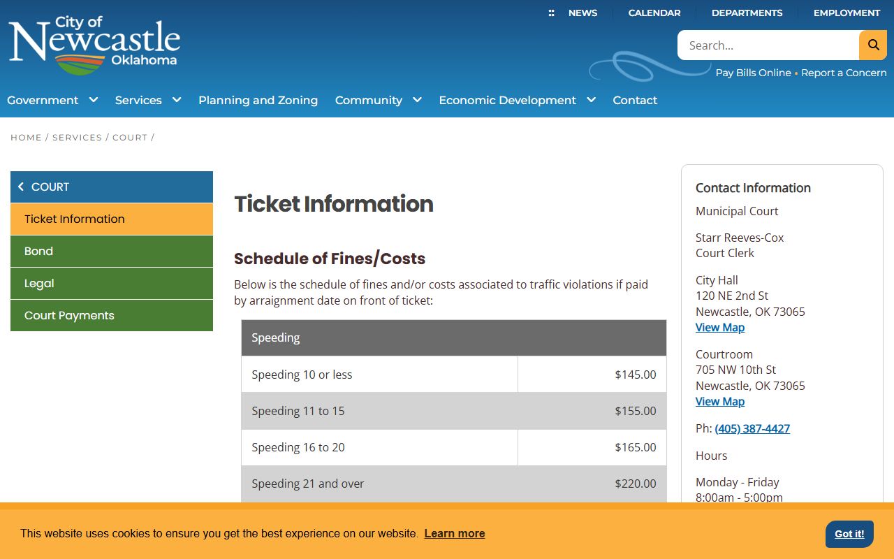 McClain County traffic ticket and bond amounts on the Newcastle court page