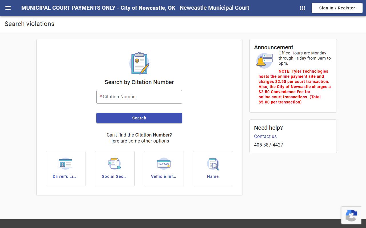 McClain County traffic citation lookup on the Newcastle Municipal Court portal