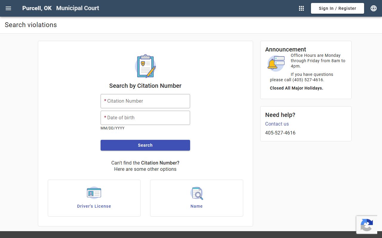 McClain County traffic citation search on the Purcell Municipal Court portal
